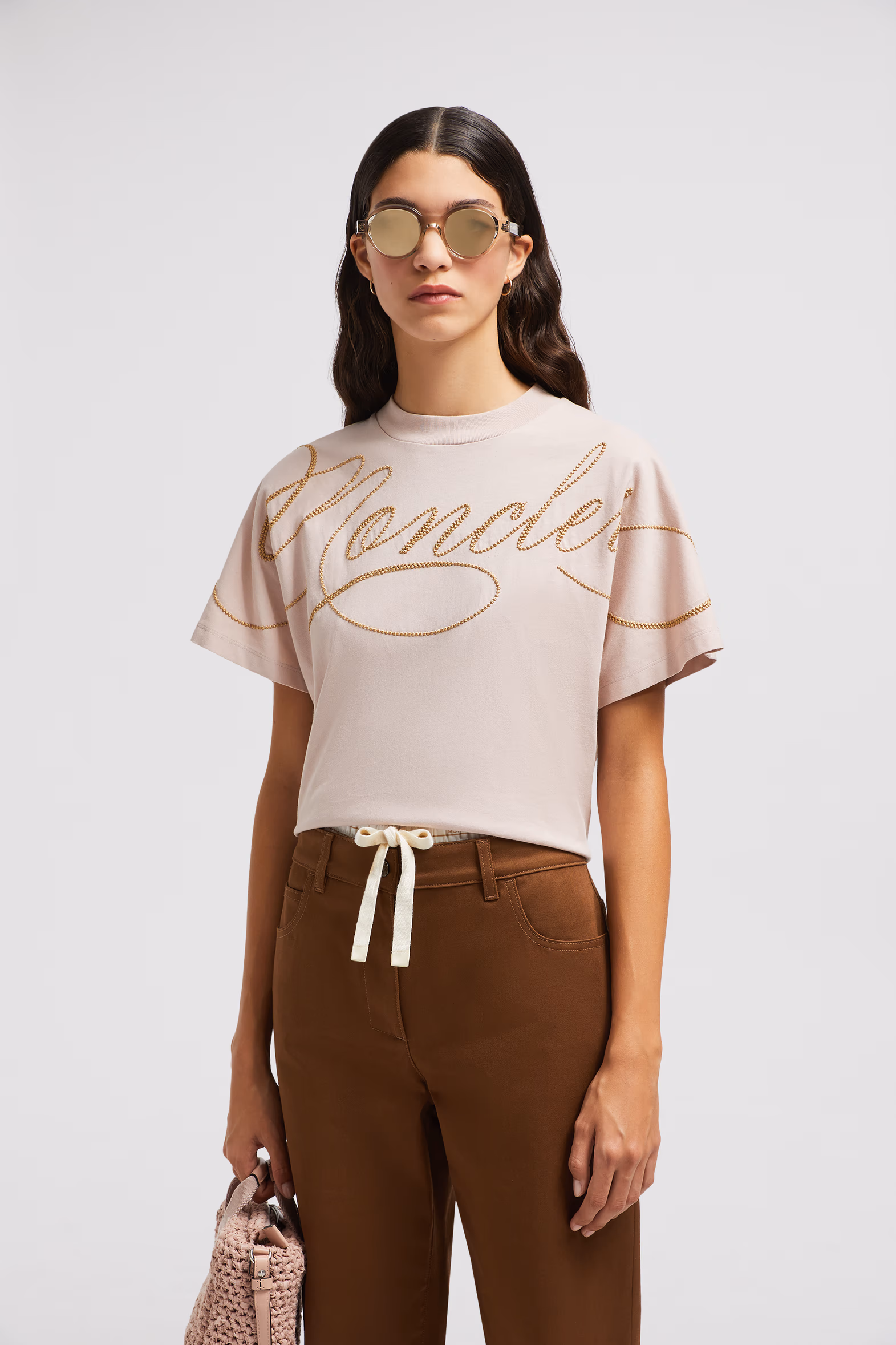 Embroidered Cursive Logo Cotton T-Shirt Women Rose Pink Moncler 0